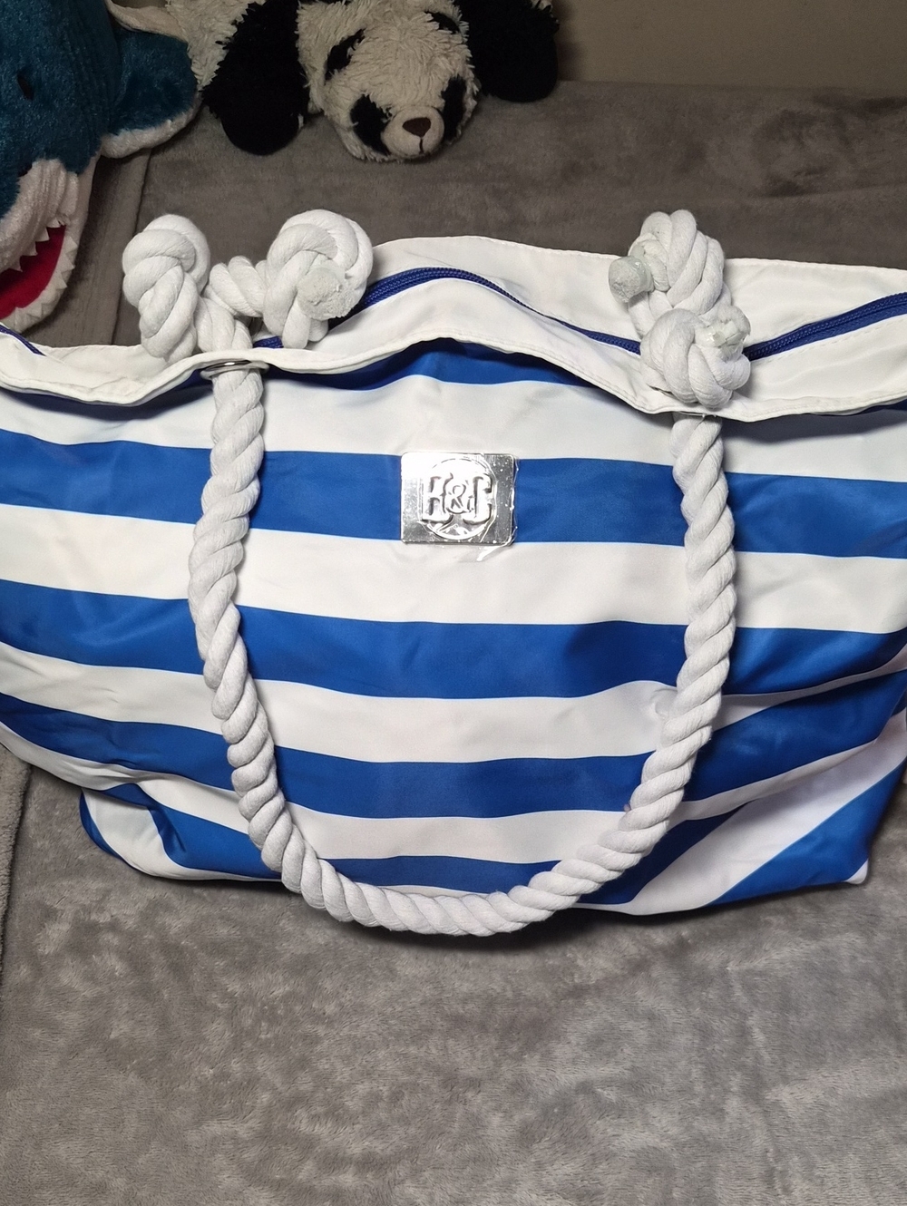 Blue and White Striped Rope-Handle Tote